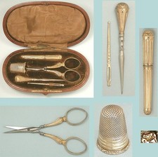Conjunto de costura/tesoura, dedal, estojo de agulha francês antigo prata dourada +* C1900, usado comprar usado  Enviando para Brazil