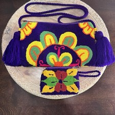 Bolsa e bolsa de moedas artesanal colombiana Wayuu roxa flores borboleta feita à mão comprar usado  Enviando para Brazil