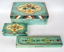 Juego de 3 cajas de madera pintadas a mano arte popular por Bouriat verde floral, usado segunda mano  Embacar hacia Argentina