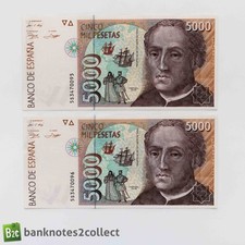 ESPAÑA: 2 x 5.000 billetes de peseta española con números de serie consecutivos. segunda mano  Embacar hacia Mexico