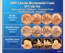 Conjunto completo de 20 moedas 2009 P D S Lincoln Cent BU ZINCO + SMS 95% cobre + prova, usado comprar usado  Enviando para Brazil