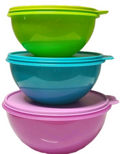 Tupperware Wonderlier Conjunto de Tigela 3 Ninho Armazenamento de Mistura com Tampas Roxo Verde Azul, usado comprar usado  Enviando para Brazil