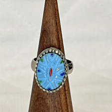 Cabochão de vidro pintado azul vintage marroquino matriz tom prata anel tamanho 5,75, usado comprar usado  Enviando para Brazil