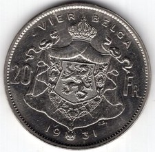 Belgien - Königreich - 20 Frank (Vier Belga) 1931 Nickel - Albert - VF plus, usado comprar usado  Enviando para Brazil