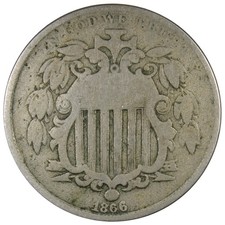 Moeda circulada de baixo grau 1866 Shield níquel com raios VG+ MUITO BOA A2169 comprar usado  Enviando para Brazil