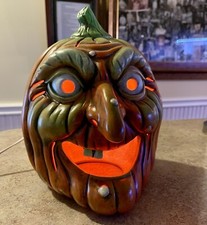 Vintage Cerâmica Iluminada Halloween Rosto de Bruxa Abóbora Jack O’Lantern Assustador 10,5” comprar usado  Enviando para Brazil