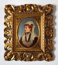 Portret młodej damy z koronkowym kapturkiem z przepiękną ramką koniec 19. Jhd. na sprzedaż  PL