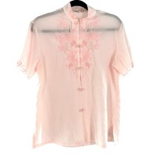 Blusa feminina bebê rosa bordada transparente botão frontal manga curta G, usado comprar usado  Enviando para Brazil