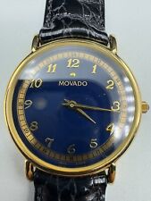 Reloj de cuero vintage para hombre Movado tono dorado acero inoxidable esfera azul, usado segunda mano  Embacar hacia Argentina