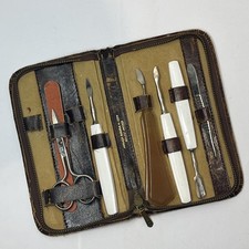 Kit de viagem de manicure de unhas vintage couro marrom 7 peças feito na Alemanha Ocidental estojo comprar usado  Enviando para Brazil
