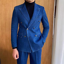 Usado, Terno jeans masculino 2 peças azul peito duplo jaqueta slim fit calças sob medida comprar usado  Enviando para Brazil