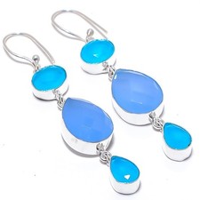 Usado, Brinco de prata esterlina 925 feito à mão com pedra preciosa de ônix azul e calcedônia 2,8" comprar usado  Enviando para Brazil