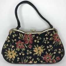 Bolso de Mano Vintage Negro Multicolor Floral Tapiz Vinilo Forrado Punta de Aguja Años 50 segunda mano  Embacar hacia Mexico