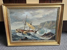 Pintura al óleo sobre lienzo del siglo XX barco galeón en un mar tormentoso G. Harrington segunda mano  Embacar hacia Mexico