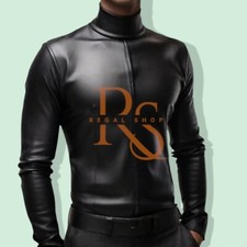 Camisa masculina de couro preto gola alta em couro de cordeiro genuíno ajuste preto comprar usado  Enviando para Brazil