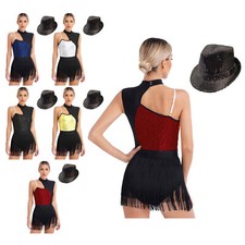Usado, Conjunto Feminino Cha-Cha Roupa de Dança Roupa Latina Bodysuit Fantasia Rumba com Chapéu Dança comprar usado  Enviando para Brazil