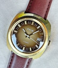 PRIM Vintage Masculino Mecânico Raro Marrom Data Mostrador Relógio De 1970 Tchecoslováquia comprar usado  Enviando para Brazil