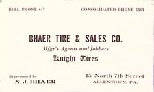 Cartão de visita vintage Bhaer Tire & Sales Co. Allentown PA Knight Tires comprar usado  Enviando para Brazil