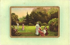 Muchos retornos felices, mujeres en una mesa al aire libre, otras jugando postal segunda mano  Embacar hacia Mexico