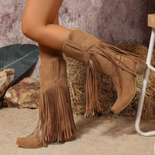 Botas femininas retrô salto robusto joelho panturrilha alta andar borla sapatos de cowboy puxar comprar usado  Enviando para Brazil
