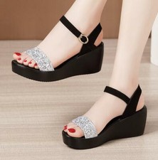 Usado, Sandálias femininas de verão anabela slingback alça no tornozelo bling plataforma chinelos comprar usado  Enviando para Brazil