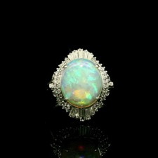 Opala cabochão oval de platina 2,83 ctw com baguete e anel redondo de halo de diamante comprar usado  Enviando para Brazil