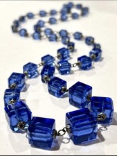 COLAR DE CRISTAL CUBO AZUL COBALTO CORTE À MÃO GRADUADO ART DECO TCHECO VINTAGE comprar usado  Enviando para Brazil