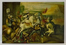 Stary obraz, hiszpańska scena wojenna, olej na płótnie, 90 x 60 cm na sprzedaż  PL