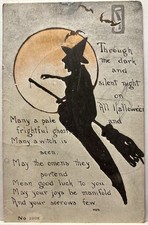 ANTIGO Cartão Postal de Halloween BRUXA EM VOO RARO MORCEGOS LUA VASSOURA FA Owen 1914 comprar usado  Enviando para Brazil