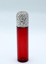 Garrafa de perfume antiga de vidro rubi dos anos 1800 com tampo perseguido de prata esterlina comprar usado  Enviando para Brazil