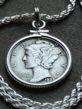 Belo pingente de moeda de dez centavos de mercúrio dos EUA de 1929 e corrente de corda de prata italiana 24" com caixa comprar usado  Enviando para Brazil