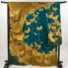 Kimono feminino japonês furisode seda borboleta grama folha de ouro amarelo dourado 167, usado comprar usado  Enviando para Brazil