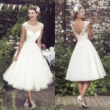 Elegantes vestidos de noiva comprimento chá gola redonda renda miçangas linha A vestidos de noiva comprar usado  Enviando para Brazil