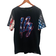 Camiseta preta FLY SOCIETY manga de borracha gráfica multicolorida soletra GG T10 A6 comprar usado  Enviando para Brazil