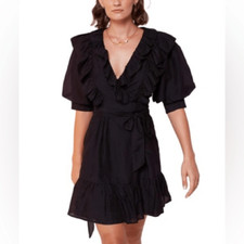 Mini vestido Magali Pascal Maggie preto mistura de seda com babados gola V cintura amarrada tamanho 8 comprar usado  Enviando para Brazil