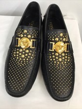 Sapato de condução Versace masculino couro preto ouro medusa alça superior e tachas tamanho 43.5 comprar usado  Enviando para Brazil