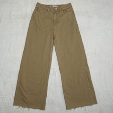Jeans Zara perna larga cintura alta corte tornozelo botão perolado tamanho 2 bege bronzeado bainha crua comprar usado  Enviando para Brazil
