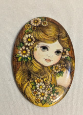 RARO vintage joia botão espelho meados do século moderno laminado opala menina de olhos grandes, usado comprar usado  Enviando para Brazil