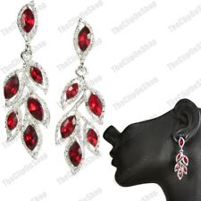 BRINCOS GRANDES DA MODA DE CRISTAL VERMELHO/PRATA CLIP ON 2" festa FOLHAS DE STRASS DE VIDRO comprar usado  Enviando para Brazil