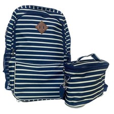 Mochila dupla de lona listrada azul marinho e branco com lancheira quadrada 19X15 comprar usado  Enviando para Brazil