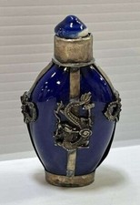 Garrafa de rapé antiga chinesa Kwan-Yin azul vitrificada cerâmica e prata aplicações comprar usado  Enviando para Brazil