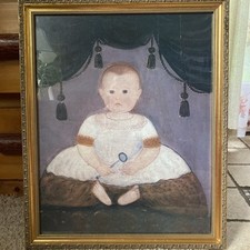 Impressão artística popular primitiva bebê menina com chocalho moldura dourada 18x22 comprar usado  Enviando para Brazil