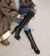 Sapatos femininos botas salto alto salto bloco plataforma couro lacado amarração frontal comprar usado  Enviando para Brazil