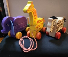 Brinquedos de madeira vintage retrô trem girafa, elefante e zebra puxar cordas, usado comprar usado  Enviando para Brazil
