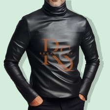 Camisa masculina de couro preto estilo gola alta camisa de couro de cordeiro real, usado comprar usado  Enviando para Brazil