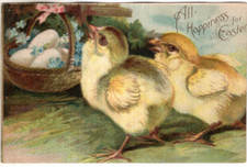 ANTIGO CARTÃO POSTAL DE PÁSCOA EM RELEVO DOIS FILHOTES, CESTA DE OVOS, ESQUEÇA-ME-NOTS comprar usado  Enviando para Brazil