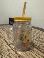 Caneca de acrílico Pioneer Woman transparente com flores com alça e tampa superior de parafuso amarelo palha comprar usado  Enviando para Brazil