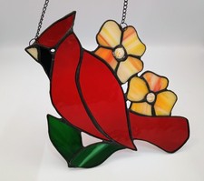 Usado, Vitral com chumbo pássaro cardinal com flores de madeira de cachorro apanhador de sol 9 x 7 comprar usado  Enviando para Brazil