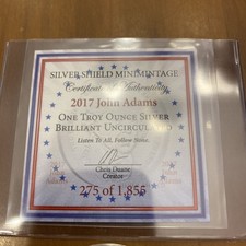 2017 Silver Shield John Adams BU 1 oz certificado de autenticidade.  Sem reserva!  Baixo certificado de autenticidade! comprar usado  Enviando para Brazil