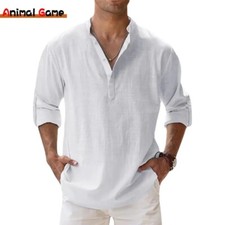 Elegantes camisas de algodão linho masculinas casuais leves manga longa Henley Beach Gift comprar usado  Enviando para Brazil